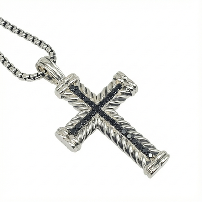David Yurman Chevron Cross With Black Diamonds Pendant & Chain