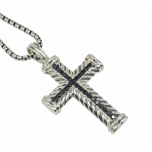 David Yurman Chevron Cross With Black Diamonds Pendant & Chain
