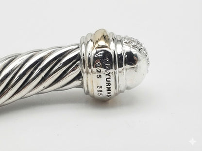 The David Yurman Sterling Silver 7mm Cable Cuff Diamond Tips & 18k Gold Bracelet
