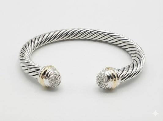 The David Yurman Sterling Silver 7mm Cable Cuff Diamond Tips & 18k Gold Bracelet
