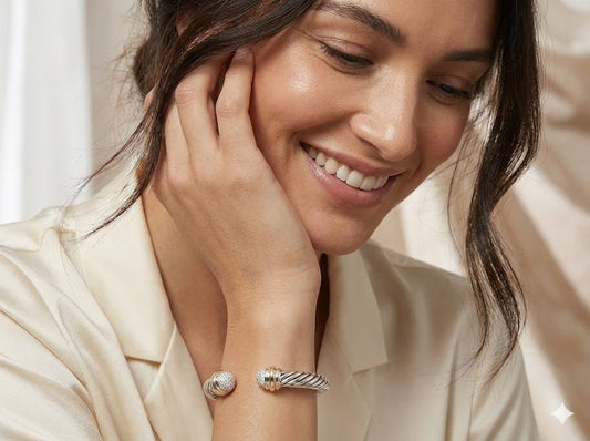 The David Yurman Sterling Silver 7mm Cable Cuff Diamond Tips & 18k Gold Bracelet